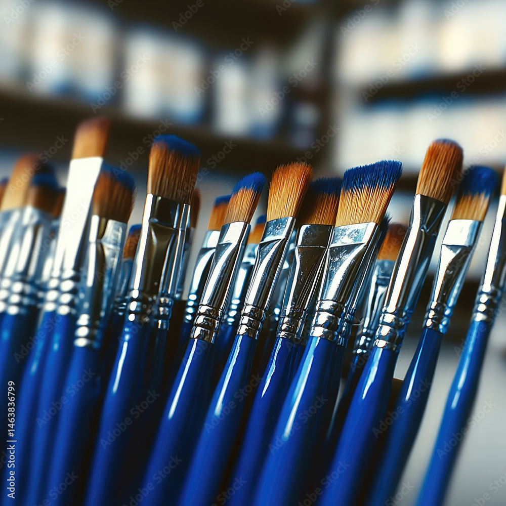Close up of blue handled paintbrushes with soft bristles arranged in art supply store, creating creative and inspiring atmosphere for artists