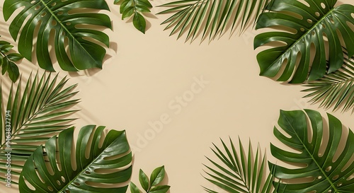Lush Tropical Leaves Frame Beige Background Stock Photo