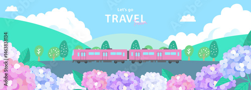 紫陽花と電車のイラスト_1