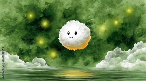 Fluffy forest sprite above reflective water