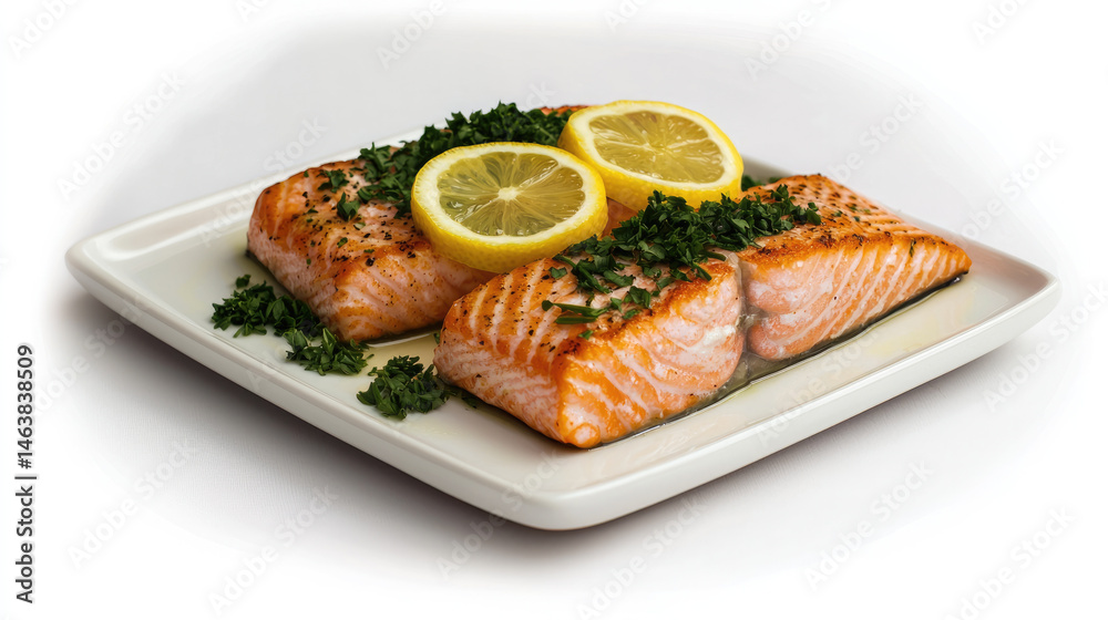 Freshly cooked salmon fillet with lemon slices and chopped herbs on white plate, showcasing healthy, delicious, and appetizing seafood meal for lunch or dinner