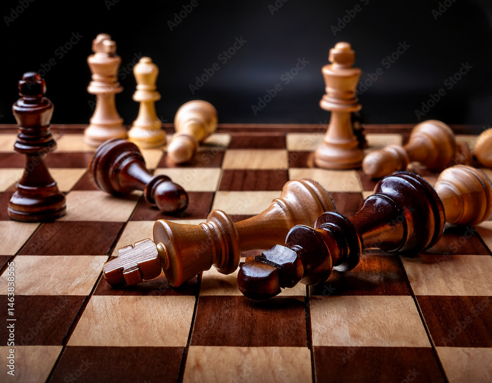 Overturned chess pieces on a chessboard