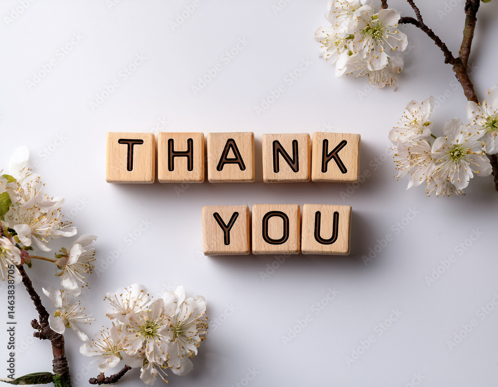 The word THANK YOU written in wooden cubes on a white background with some flowers