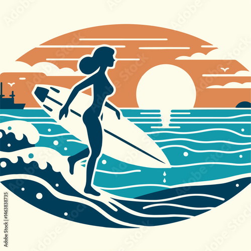 Photography Illustration of a woman surfing on the beach