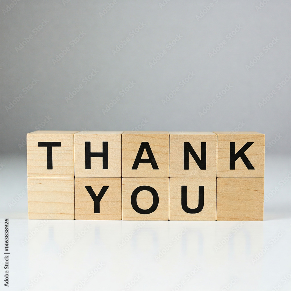 The word THANK YOU written in wooden cubes on a white background