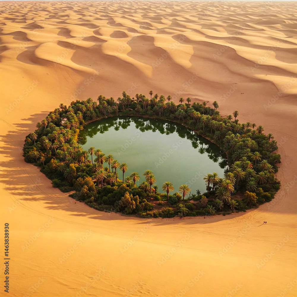 Landscape with a small oasis in the desert with water and trees