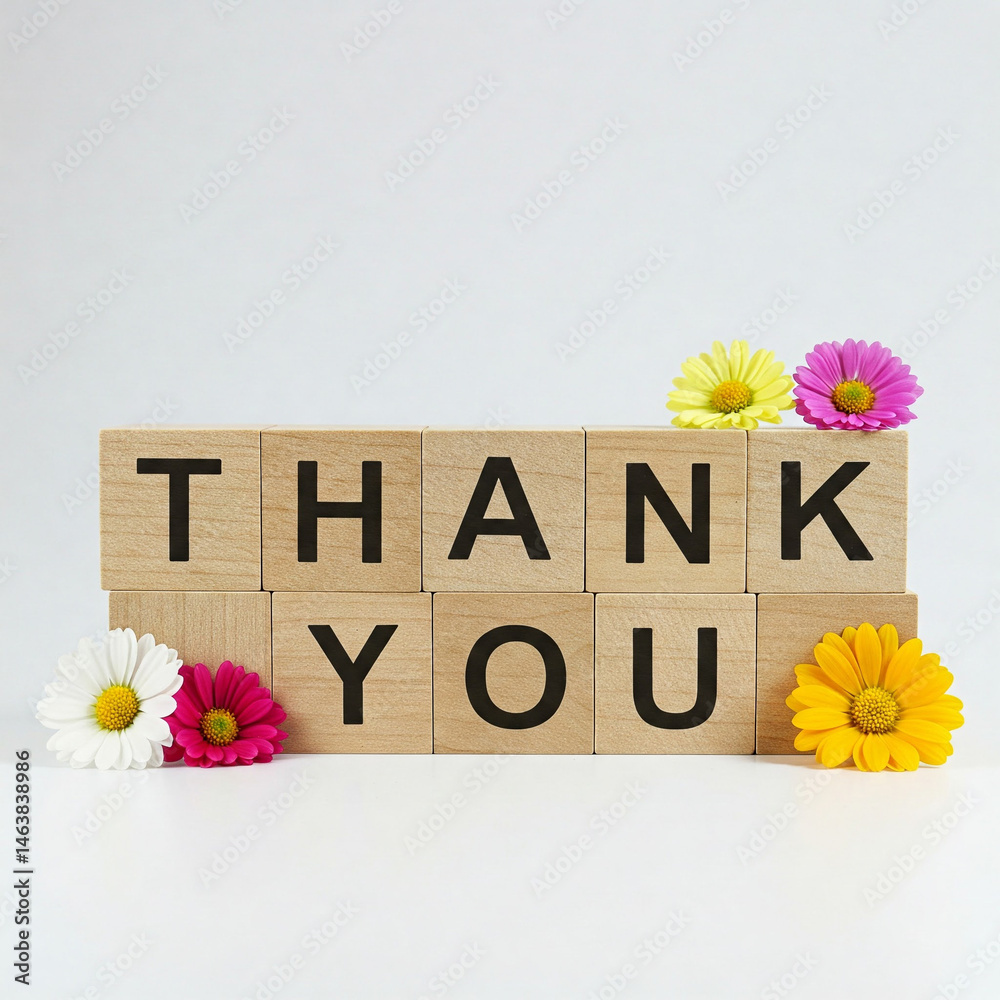 The word THANK YOU written in wooden cubes on a white background with some flowers