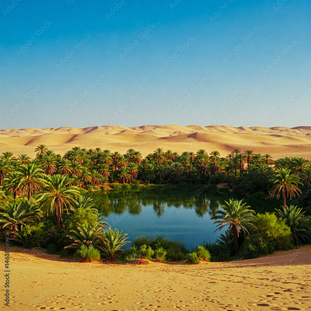 Landscape with a small oasis in the desert with water and trees