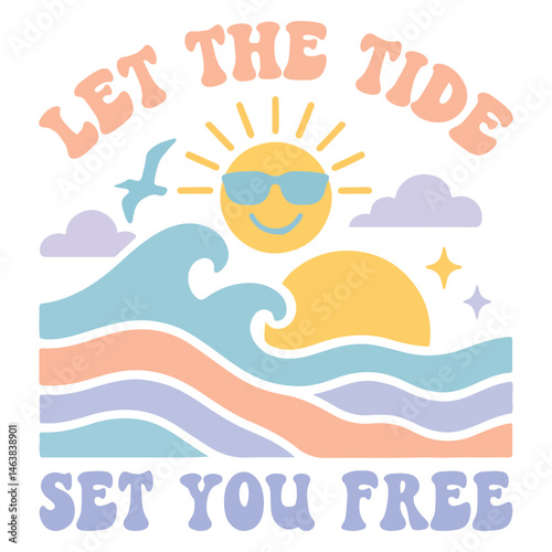 let the tide set you free - Boho Retro Summer T-shirt Vector, Boho sunset sunshine illustration, natural Vintage Summertime design Sublimation 

