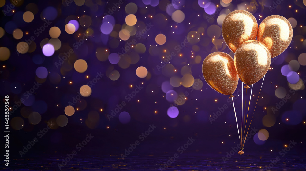 Golden balloon cluster with sparkling bokeh lights on dark purple background, festive and celebratory mood, perfect for New Year or party invitations