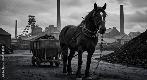 Horse pulls coal cart in industrial setting monochrome image of hard labor