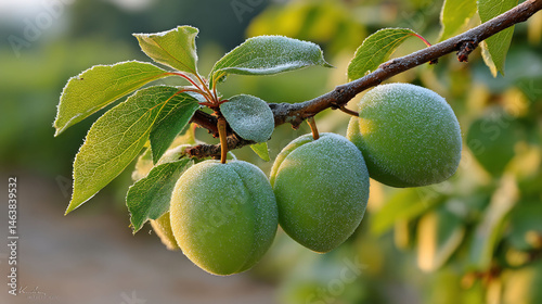 Frosted plums on branch glow