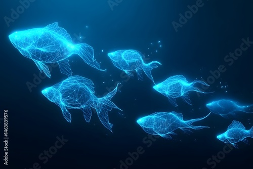 Glowing Polygonal Fish Schooling Underwater Digital Art