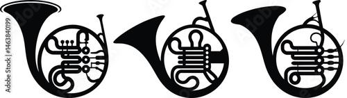 Silhouette of French Horn Brass Wind Musical Instrument for Music Enthusiasts and Band Illustrations with Classic Horn Style for Artistic and Educational Design Use