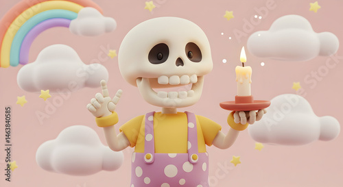 Cartoon skeleton holding candle and cake