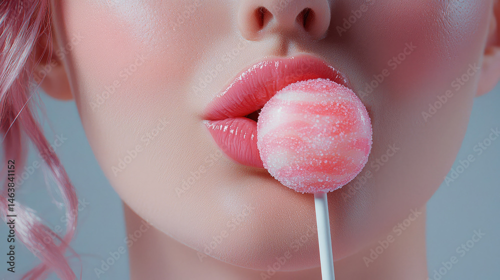 Close up of woman mouth with glossy pink lipstick holding pink lollipop, soft skin, sensual and playful mood, pastel color, beauty and sweetness concept
