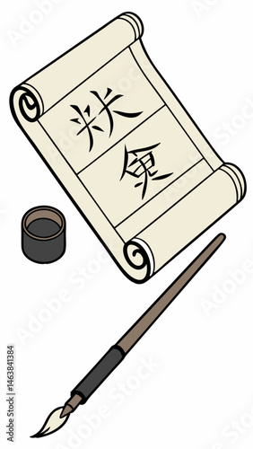Calligraphy Tools and Scroll Showcasing Chinese Characters on Parchment With Ink Pot and Brush Displayed on Table