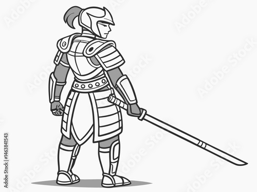 Warrior Stands Ready for Battle in Detailed Armor Holding a Sword in a Dramatic Pose