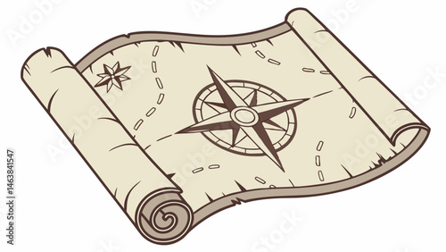 Vintage Treasure Map With Compass Rose and Detailed Route Markings on Aged Parchment