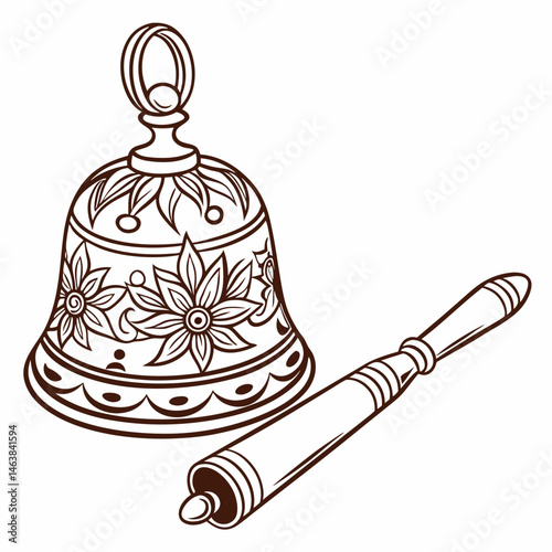 Beautifully Designed Bell With Floral Patterns and a Striking Tool Displayed on a White Background