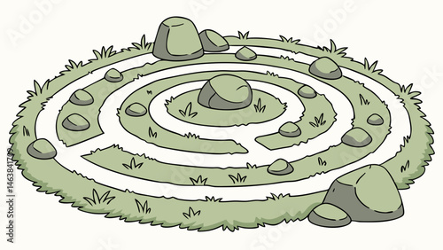 Unique Circular Garden Maze With Stone Pathway and Grass Surrounding, Perfect for Outdoor Exploration and Relaxation