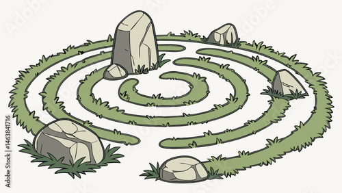 Exploring a Spiral Grass Labyrinth With Stones and Greenery in a Tranquil Outdoor Setting