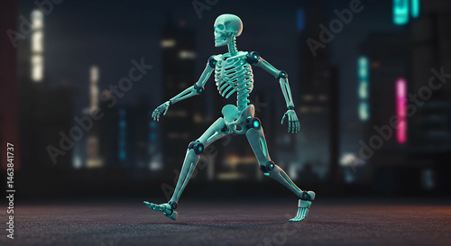 Neon-glowing skeleton walking in cyber city