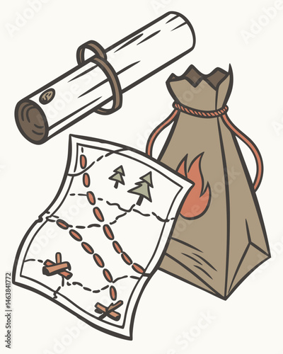 Treasure Hunting Gear Including a Map, Parchment Scroll, and Bag Designed for Outdoor Adventures in the Forest