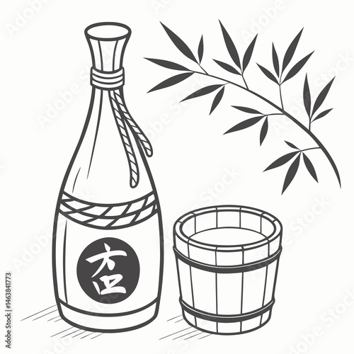 Traditional Sake Bottle and Wooden Cup Beside a Bamboo Branch in a Serene Setting During Daytime
