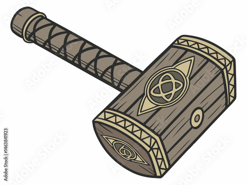 Intricate Wooden Hammer Design Featuring Geometric Patterns and a Braided Handle From a Fantasy Setting