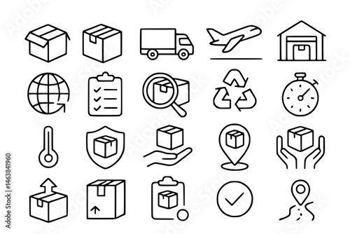 Shipping fulfilment trust line icon set. Vector pictograms of delivery, logistics, packaging, warehouse, tracking, pickup location, stopwatch, calendar, thin linear illustration.