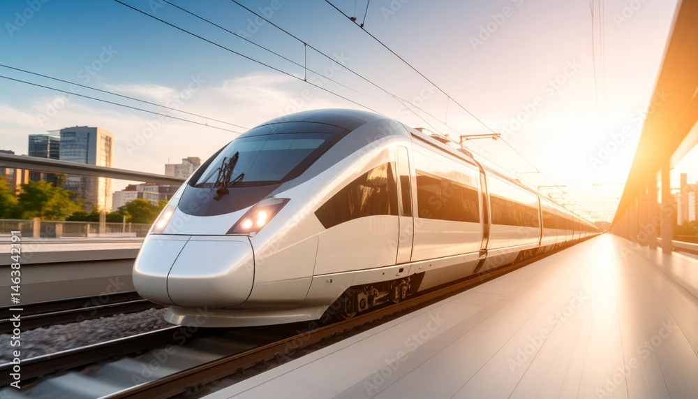 Naklejka premium Dynamic Motion of a Bright Modern Train Captured in Fast-Paced Urban Environment