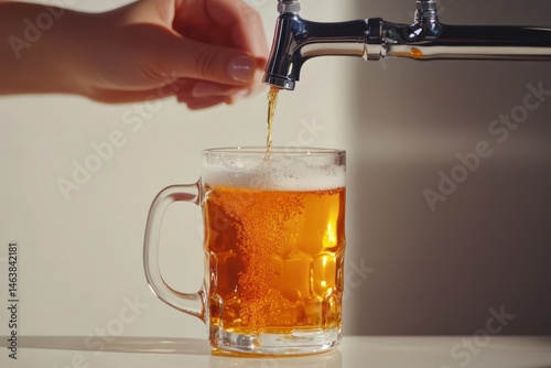 Beer tap releasing fresh lager into clear glass mug, focus on hands and liquid flow