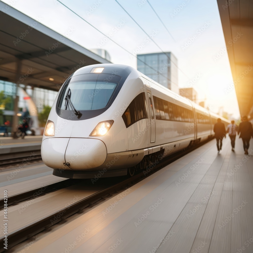 Fototapeta premium Dynamic Motion of a Bright Modern Train Captured in Fast-Paced Urban Environment