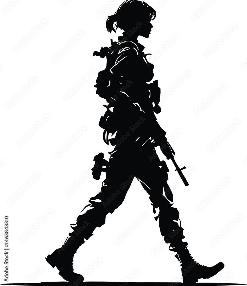 Fototapeta premium Military Patrol Vector Silhouette Featuring an Armed Soldier Walking Forward in Full Tactical Gear with a Rifle in Hand