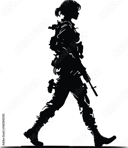 Military Patrol Vector Silhouette Featuring an Armed Soldier Walking Forward in Full Tactical Gear with a Rifle in Hand