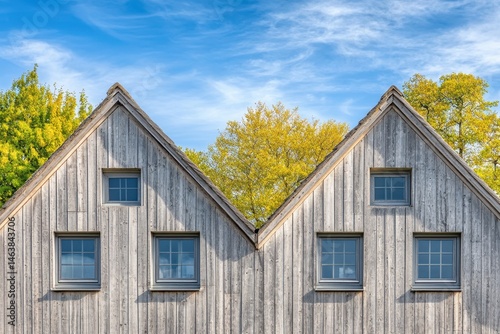 Two light gray wooden buildings with gabled roofs and small square windows, set against a backdrop of bright blue sky and trees with yellow leaves.