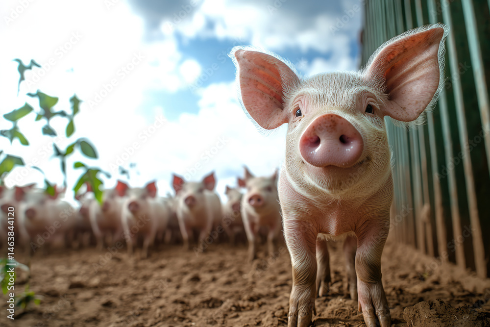 Cute piglet with big ears stands on farm ground, curious expression, surrounded by group of piglets under blue sky, natural outdoor rural scene