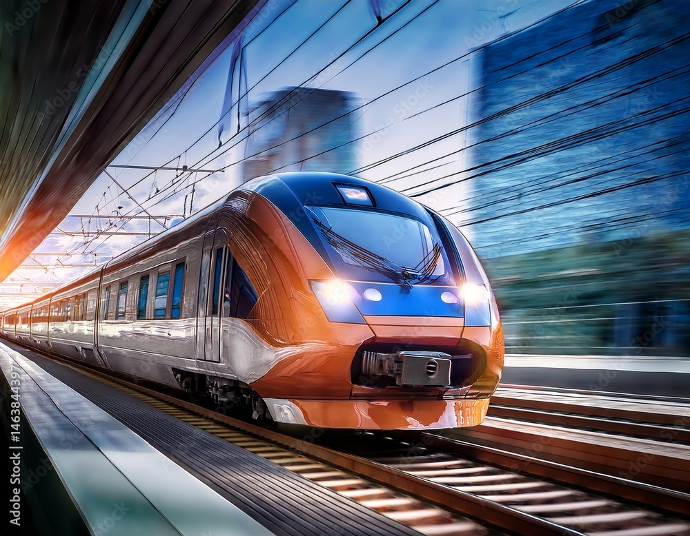 Fototapeta premium Dynamic Motion of a Bright Modern Train Captured in Fast-Paced Urban Environment