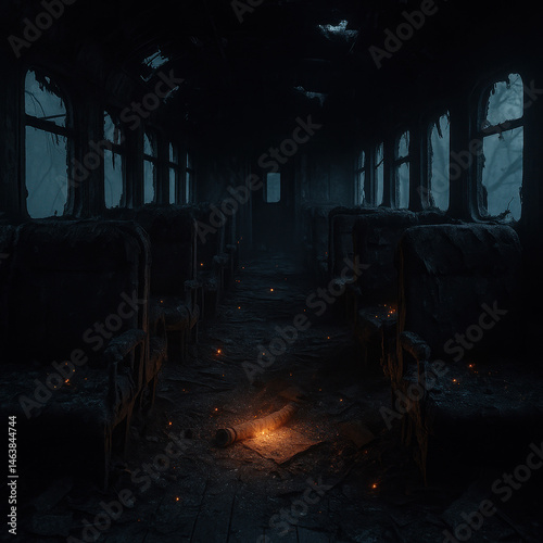 Mysterious Abandoned Train Interior Illuminated by Soft Light With Hints of Decay in an Eerie Atmosphere