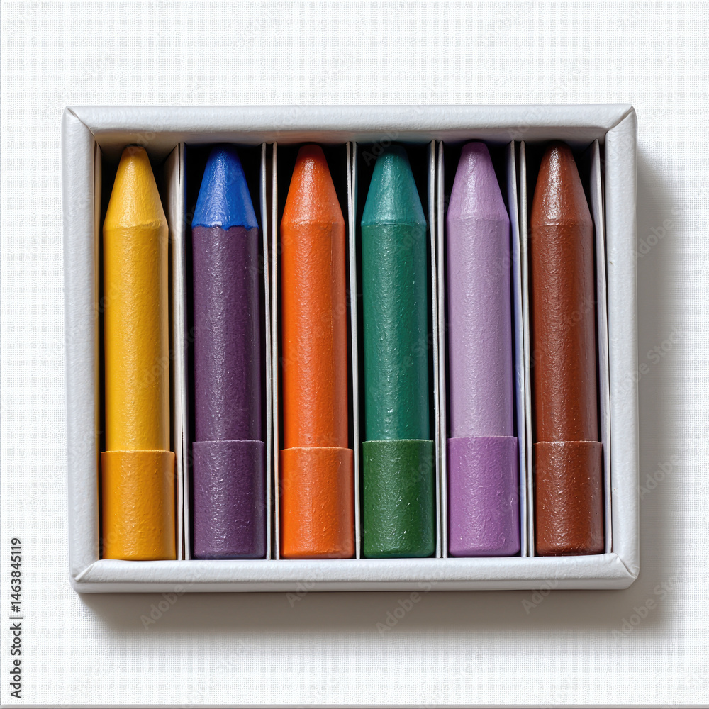 Set of colorful crayons in box including yellow blue orange green purple and brown arranged neatly on white background evoking creativity and playfulness