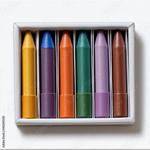Obraz na płótnie Set of colorful crayons in box including yellow blue orange green purple and brown arranged neatly on white background evoking creativity and playfulness w salonie