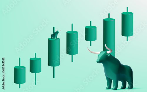 Abstract Green Bull with Rising Bar Graph for Stock Market Growth Concept