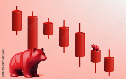 Bear Market Concept with Red Bear and Declining Bar Graphs