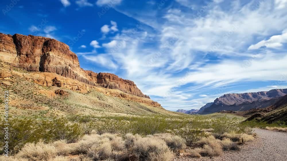 Rugged Desert Landscape with Red Rock Mountains against Bright Blue Sky and Sparse Desert Vegetation Rugged Desert Landscape with Red Rock Mountains against Bright Blue Sky and Sparse Desert Vegetation