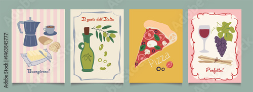 Italian food posters design. Trendy hand drawn art.  Mediterranean eat. Retro vector illustration of pizza,coffee,butter,ciabatta,olive,grapes,wine etc. Graphic  for  interior, cafe, menu.