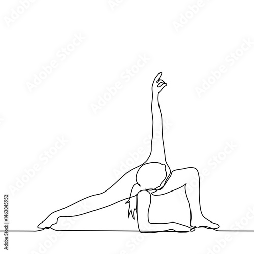 woman in yoga or Pi pose leg extended, second bent at the knee with one hand forearm she rests on the floor, other hand she raised up - one line art vector. concept training, stretching, yoga, pilates