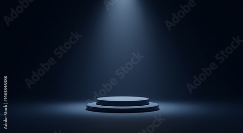 Empty blue navy studio room background. Dark blue background vector 3d with podium. Empty room with spotlight effect.