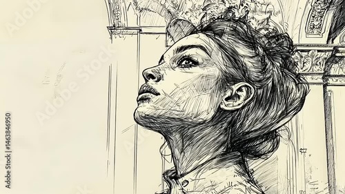 Elegant charcoal drawing of a woman looking upwards in a classical setting