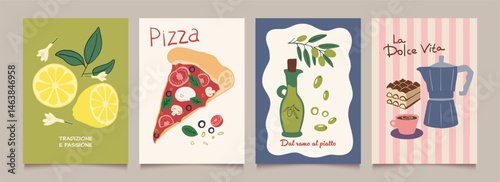 Italian food posters design. Trendy hand drawn art.  Mediterranean eat. Retro vector illustration of pizza, coffee, tiramisu, olive, tomato, lemon etc. Graphic  for  interior, restaurant, menu.